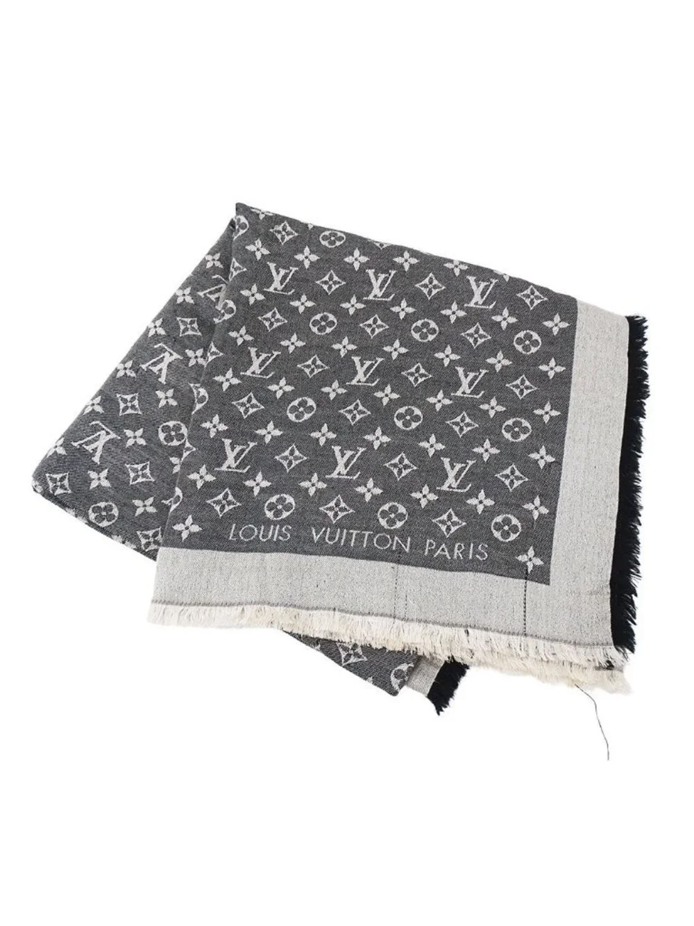 Louis Vuitton Shawl Silk Wool Monogram Black Large Logo Casual Scarf